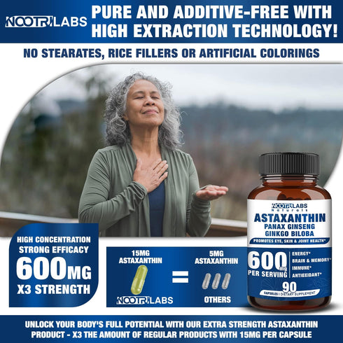 Astaxanthin 15mg + Panax Ginseng, Ginkgo Biloba Supplements, 90 Vegan Capsules, Promotes Eye, Skin, Joint Health Energy, Cardiovascular Support + ...
