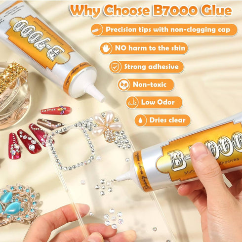B-7000 Fabric Glue for Rhinestones, Cridoz Clear Jewelry Glue Bead Adhesive with Precision Tip Craft Glue with Rhinestones Picking Tools for Cloth...