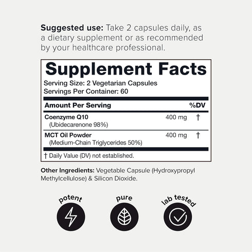 Ultra High Purity CoQ10 400mg - 98% Purified Third-Party Tested CoQ10 Supplement with MCT Oil for Added Bioavailability - High Absorption Coenzyme...