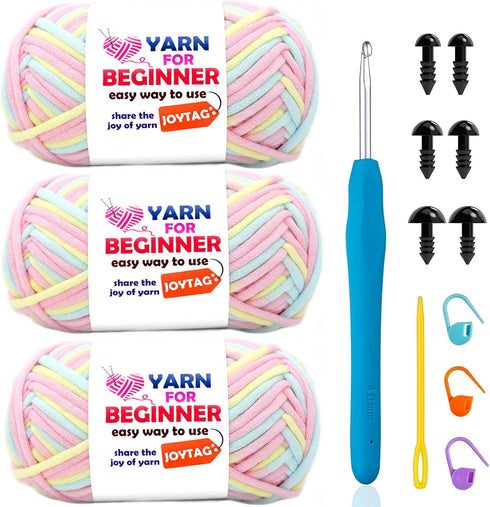 3 Pack Rainbow Beginners Crochet Yarn Pink Blue Yellow Cotton Crochet Yarn for Crocheting Knitting Beginners with Easy-to-See Stitches Cotton-Nylo...