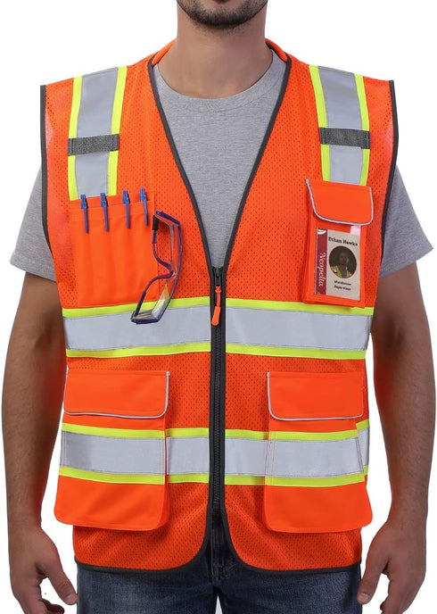Reflective Safety Vest Orange Mesh, High Visibility Vest with Pockets and Zipper, Padded Neck, Construction Work Vest ANSI Class 2, Orange with Ye...