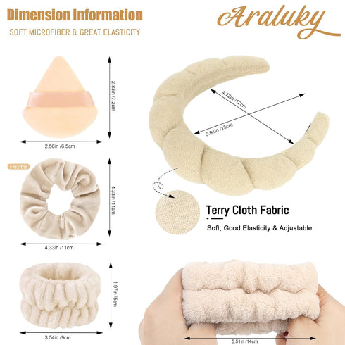 7Pc Puffy Spa Headband and Wristband Set Skincare Headband for Washing Face Scrunchies Powder Puffs Sponge Spa Makeup Headband Puffy Headband Terr...