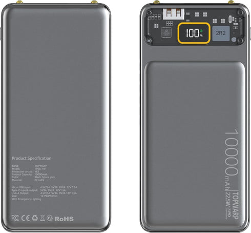 10000mAh Power Bank,Slim Portable Charger,PD 22.5W Fast Charging 5V/3A USB-C Output,Battery Pack with Emergency Lighting,Compatible iPhone and And...