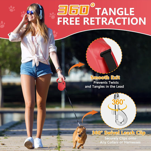 Retractable Dog Leash, 16ft Dog Walking Leash for Small Dogs up to 77lbs, Non-Slip Handle - Red...