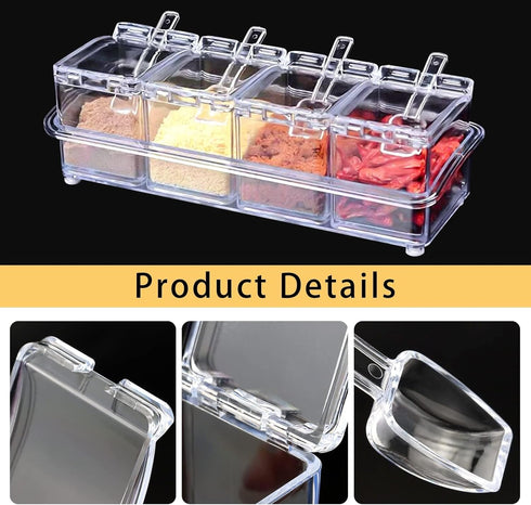 4-Cell Clear Seasoning Rack Spice Box, Storage Container Condiment Jars Acrylic Seasoning Box with Cover and Spoon (Basic Clear)...