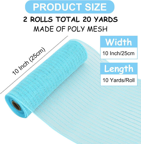 TONIFUL 2 Rolls 10 Inch Light Blue Decorative Mesh Ribbbon Rolls, Fabric Mesh with Foil for Mesh Wreath Supplies, Front Door Wreath Tree Decor Chr...