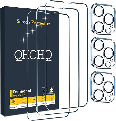 QHOHQ 3 Pack Screen Protector for iPhone 13 Pro Max 6.7" with 3 Pack Tempered Glass Camera Lens Protector, Ultra HD, 9H Hardness, Scratch Resistan...