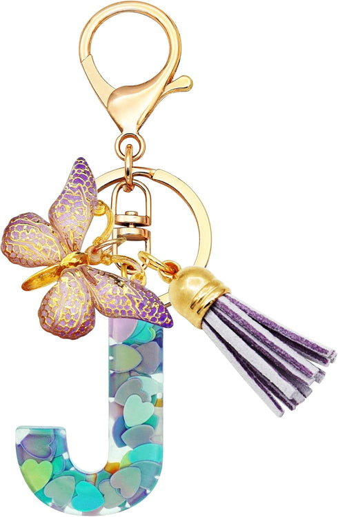 Initial Letter Keychains for Girls Women Pink Purple Green Cute Butterfly Heart Keychain for Backpack School Bag...