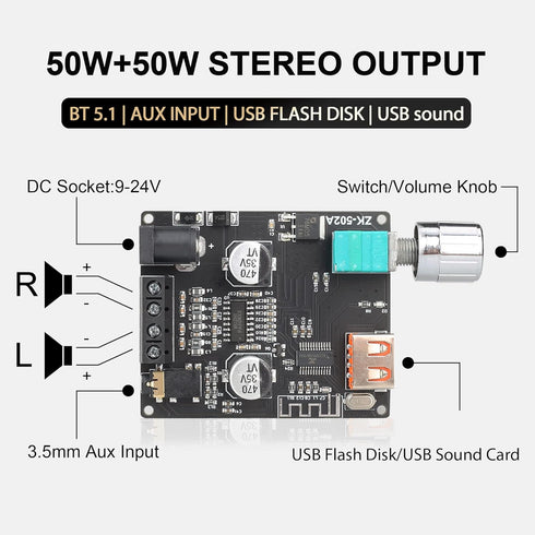 ZK-502A 2.0 Bluetooth 5.0 Amplifier Board 50W*50W with APP Control?Android Only?,100W Bluetooth Audio AMP Board for DIY Bluetooth Speaker Kit DC9-...