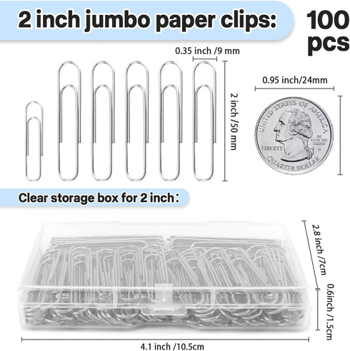 Large Paper Clips, 100 Pcs Paper Clips 2 inch, Jumbo Paper Clips, Silver Stainless Paperclips, Clips Office Supplies, Big Smooth Paper Clips for P...