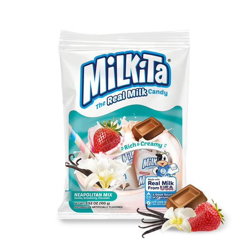 Milkita Creamy Shake Candy Bag, Gluten Free Chewy Candies with Calcium & Real Milk, Zero Trans Fat, Low-Sugar, Neapolitan Flavors (Vanilla, Strawb...