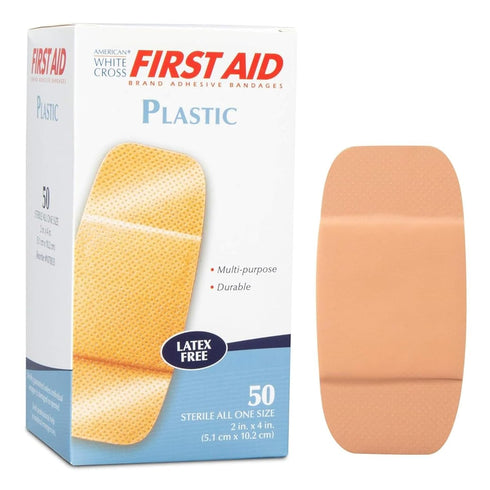 261846 First Aid Plastic Adhesive Bandages, Latex Free Bandages, Large Strips, 2" Width, 4" Length, Pack of 50...