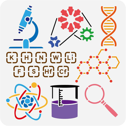 FINGERINSPIRE Scientific Experiment Stencil for Painting 11.8x11.8inch Reusable Microscope Beaker Magnifying Glass Gears Painting Stencil DNA Mole...