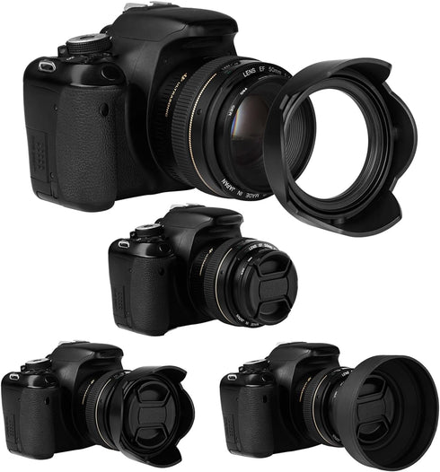 52mm Lens Hood Set, Collapsible Rubber Lens Hood with Filter Thread + Reversible Tulip Flower Lens Hood + Center Pinch Lens Cap + Microfiber Lens ...