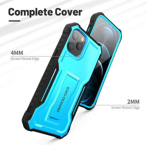 ExoGuard for iPhone 12 Case, Compatible with iPhone 12 Pro Case, Rubber Shockproof Full-Body Cover Case Built in Screen Protector with Kickstand f...