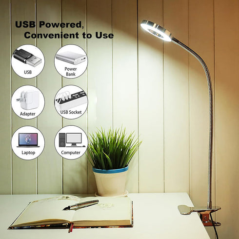 USB Desk Light with Clip, LED Eye-Caring Reading Lights with 3 Color Modes, 10 Brightness Dimmable and Long Flexible Gooseneck Portable Lamp for D...