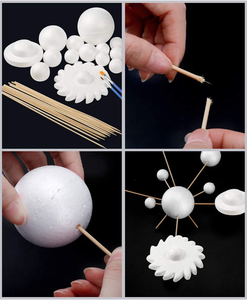 Pllieay Solar System Model Foam Ball Kit Includes 14PCS Mixed Sized Polystyrene Spheres Balls, 12PCS Bamboo Sticks, 12 Color Pigments, 2PCS Painti...