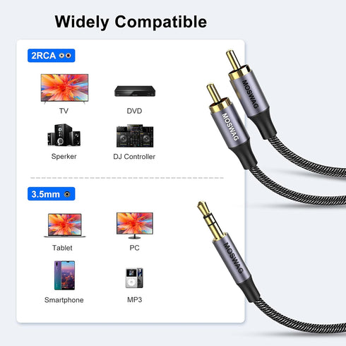MOSWAG RCA Cable 3.3ft/1M, 3.5mm Male to 2RCA Male Stereo Audio Adapter Dual Shielded Gold-Plated Coaxial Cable Nylon Braided AUX RCA Y Cord for S...