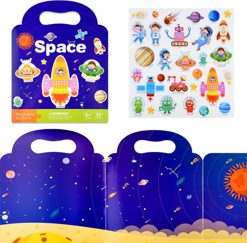 ASTARON Reusable Sticker Book for Toddlers, Space Stickers Road Trip Activities Car Airplane Activities Travel Toys for Kids, Kids Quiet Time Acti...