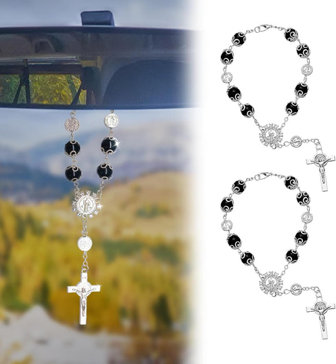 2PCS Car Rosary Rear View Mirror Hanging Accessories, Rosary & Cross Ornament Pendant for Woman Men, Automotive Interior Decoration, Good Luck Gif...