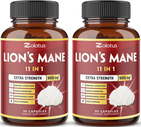 5X Potency 2 Packs 90 Capsules Lions Mane Mushroom Supplement, 5050mg, 6 Month Supply with Cordeyceps, Reishi, Ashwagandha, Focus, Memory and Brai...