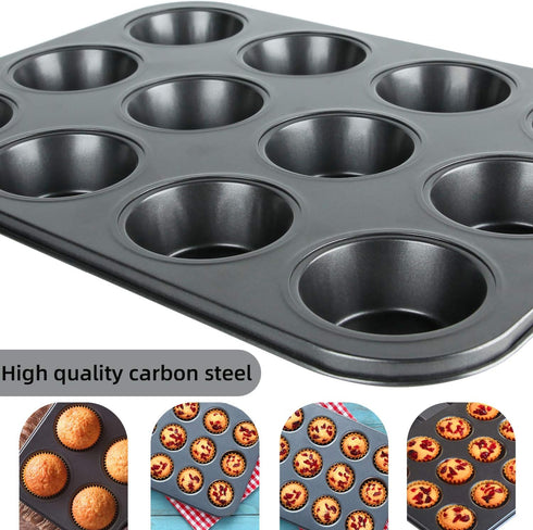 Muffin Pan, 12 Cupcake Pan, 2 Sets of Nonstick Brownie Bakeware Muffin Tin, Cupcake Tray, Baking Pan for Kitchen Oven, Black 13.9 x 10.5 x 1.2 inc...