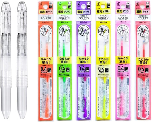Pilot Hi-Tec-C Coleto Gel Ink Pen 0.4mm 3-In-1 Transparent Body 2 Packs & 6 Fluorescent Color Refill Set With Original Stylus Ballpoint Touch Pen....