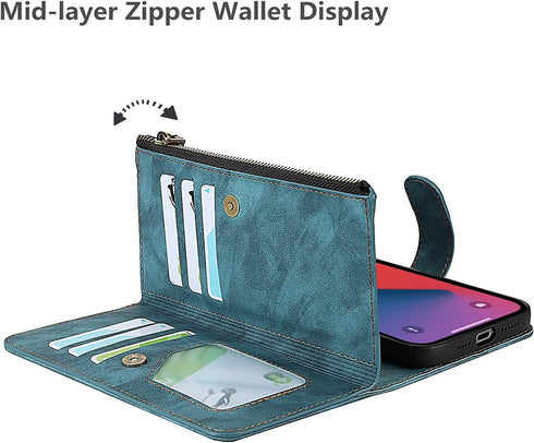 iCoverCase iPhone 13 Wallet Case with Card Holder, 2 in 1 PU Leather Magnetic Clasp Zipper Pocket Shockproof Detachable Flip Wrist Strap for (Blue...