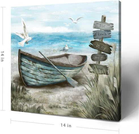 Bathroom Wall Art Coastal Décor Nautical Boat on Beach Canvas Picture Ocean Seagull Seascape Canvas Print Sea Bird Farmhouse Artwork for Seashore ...