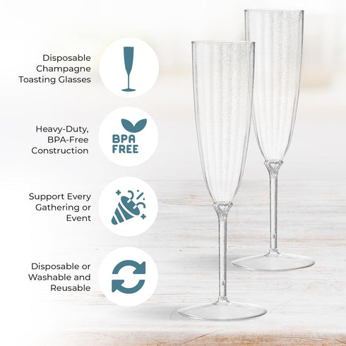 Posh Setting 6 oz Plastic Champagne Flutes - Silver Glitter Disposable Toasting Glasses for Parties, Weddings - Reusable Fancy Stemmed Cups, Wine ...
