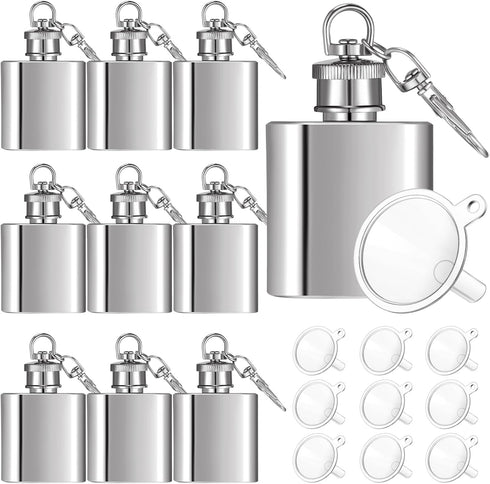 10 Pcs Mini Keychain Flask Bulk 1oz Stainless Steel Hip Flask Pocket Hidden Flask for Men Women Groomsmen Gifts with 10 Plastic Funnels(Silver)...