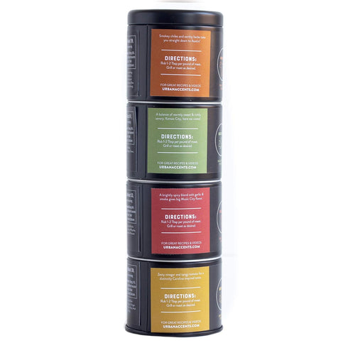 Urban Accents BBQ ROAD TRIP TOWER, Gourmet BBQ Rub Set, Grilling BBQ Rubs and Spices for Smoking Meat (Set of 4) - BBQ Meat Seasoning - Perfect Se...