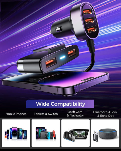 5-in-1 Car USB Charger Multi Port, 12V Car Phone Charger Adapter for Multiple Devices, Car Cigarette Lighter USB Charger with 5FT Extension Cable ...