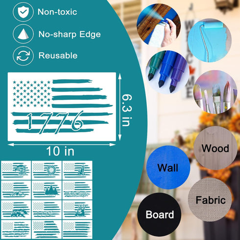 12 Pcs American Flag Stencils, We The People Flag Stencil Sunflower Eagle Mountain Bear Deer 1776 American Flag Templates for Painting on Wood Wal...