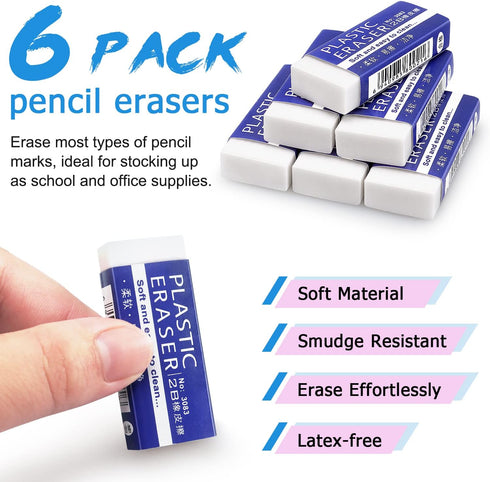 Tamaki 6 Pack Pencil Erasers, Large White Erasers for School Office, Art Erasers for Drawing...