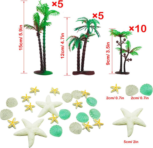 Allazone 42 PCS Coconut Palm Tree, 20 PCS Mini Plastic Artificial Palm Tree, 22 PCS Shell and Starfish for Cupcake Topper, Cake Decorations, Aquar...