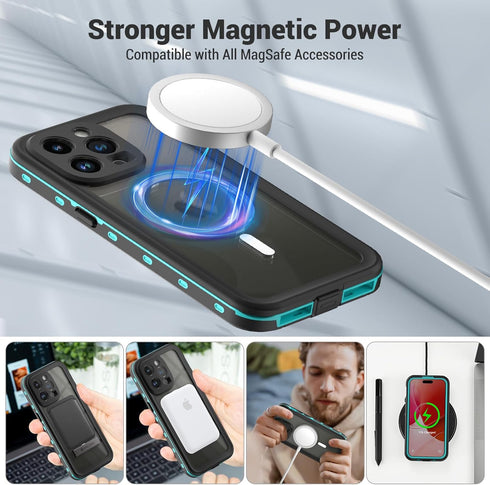 for iPhone 15 Pro Max Waterproof Case with Stand, IP68 Underwater Shockproof Dustproof Phone Case Built-in 6H Screen Protector, Full Body Protecti...