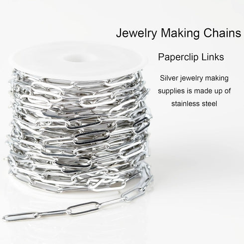 Jabogrii 16.4 Feet Silver Stainless Steel Chain for Jewelry Making Paperclip Oval Women Necklace Bracelet DIY Craft Jewelry Making Chains...