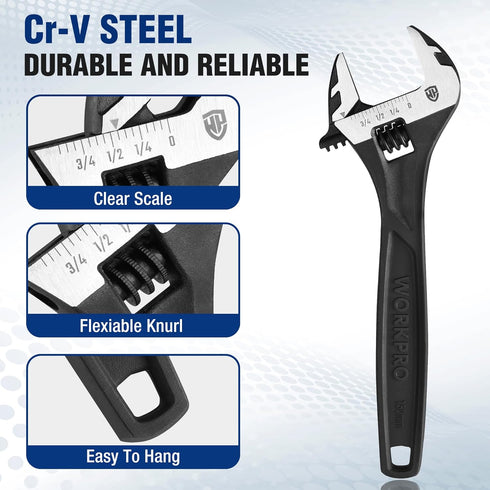WORKPRO 6" Adjustable Wrench, Black Oxide Wrench 6 Inch with Inch/Metric Scale, Premium Cr-V Steel...