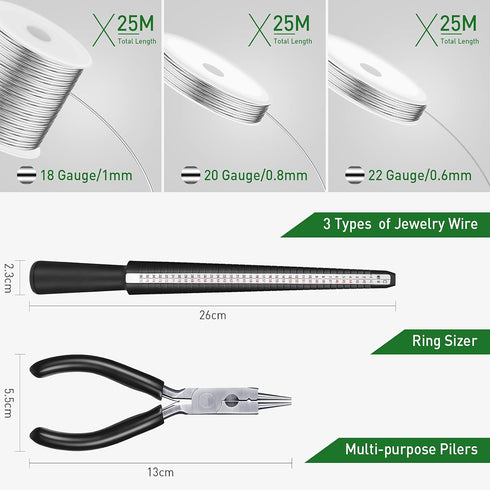 Hotop Jewelry Wire for Jewelry Making 18/20/22 Gauge Craft Wire with Pliers & Ring Sizer Beading Jewelry Aluminum Craft Wire (3 Rolls,Silver,1mm,0...