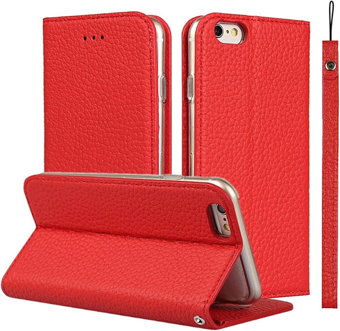 iCoverCase Genuine Leather Wallet Case Compatible with iPhone 6s Plus/6 Plus - Wrist Strap, Card Holder, Magnetic Closure, Kickstand Flip Cover (R...