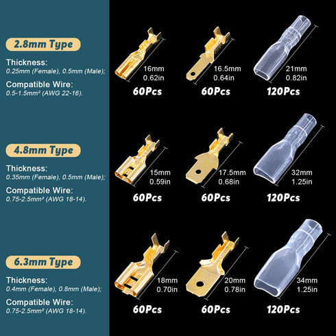 Glarks 720Pcs 2.8mm 4.8mm 6.3mm Male and Female Wire Spade Connector and Insulating Sleeve Assortment Kit Copper Wire Crimp Terminal Block with Ny...