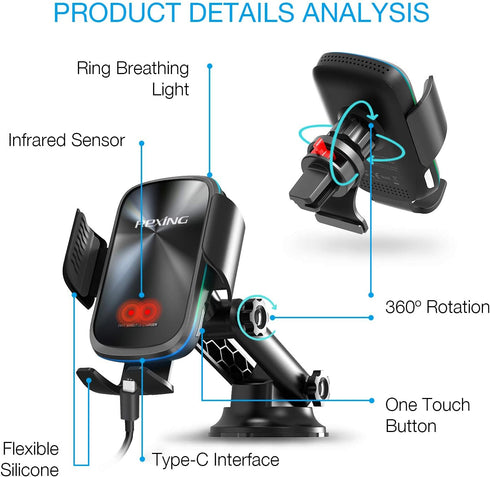 X5 Motorized Qi Car Mount - 15W/7.5W Wireless Charging, Auto Sensing Clamping, Windshield & Air Vent | iPhone, Android & Galaxy Smartphones (No Ca...