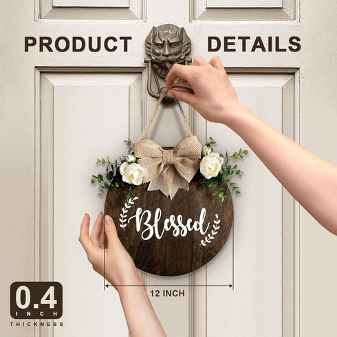 Blessed Farmhouse Welcome Sign, Round Wood Hanging Door Decor with Ribbon Bow and Artificial Greenery, Rustic Front Porch Wreath for Thanksgiving,...
