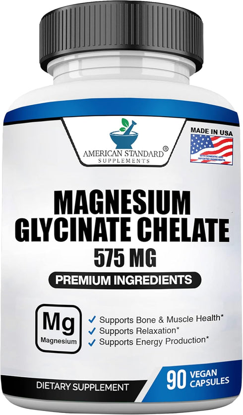 American Standard Supplements Magnesium Glycinate 575mg per Serving, 90 Veggie Capsules, Magnesium Supplement for Bone & Muscle Health, Chelated f...