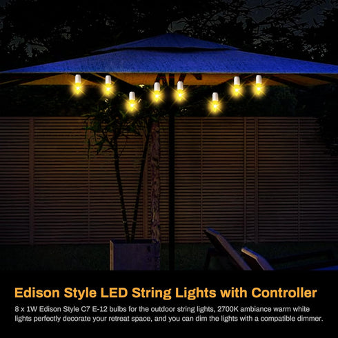 LED Canopy and Umbrellas Lights, 23 Ft LED Outdoor String Lights with Shatterproof Plastic 8LED C7 E-12 Light Bulbs, Waterproof, C Battery Powered...