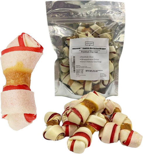 DOGCHEWZ™ Rawhide Dual Color Knotted Mini Bone Dog Chew Treats with Chicken Wrapped 3" (18 Ct/Bag) - Chicken Flavored...