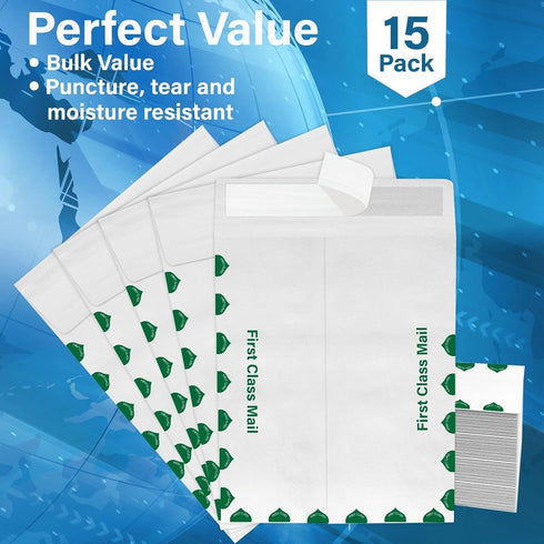 9 x 12 Envelopes, Tyvek Envelopes 9x12 (15 Pack), Catalog Envelopes 9x12, Self Sealing Closure, Tyvek First Class, 14 lb., Puncture, Tear & Moistu...
