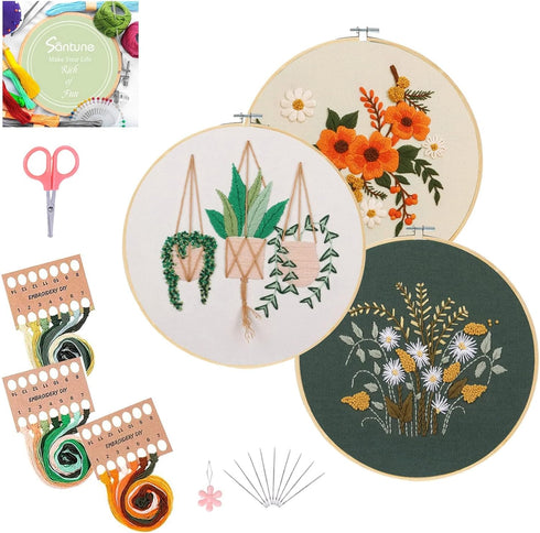 Santune 3 Sets Embroidery Kit for Beginners Needlepoint Cross Stitch Kits for Adults,Stitch Learning DIY Kit with Easy Instruction Video,Stamped F...