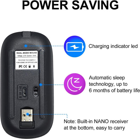 Slim Bluetooth Mouse, USB Wireless Mouse with 2.4GHz Nano Receiver, Portable Small Mouse Compatible with iPad, Tablet, Computer, Laptop, Silent Mi...